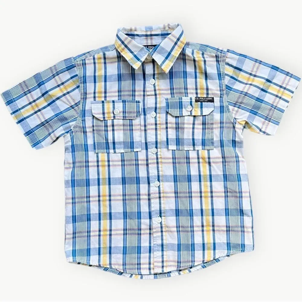U.S. Polo Assn. Boys Kids Short Sleeve Blue Plaid Button Up Collared Shirt. 7.